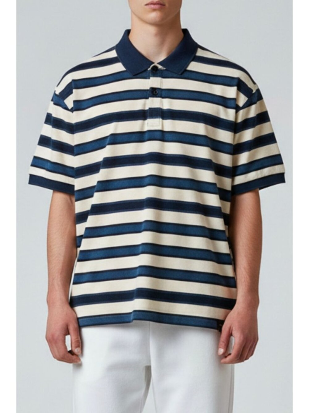 Scotch & Soda Men’s Striped Short Sleeve Polo Shirt Navy Blue Cream Size M